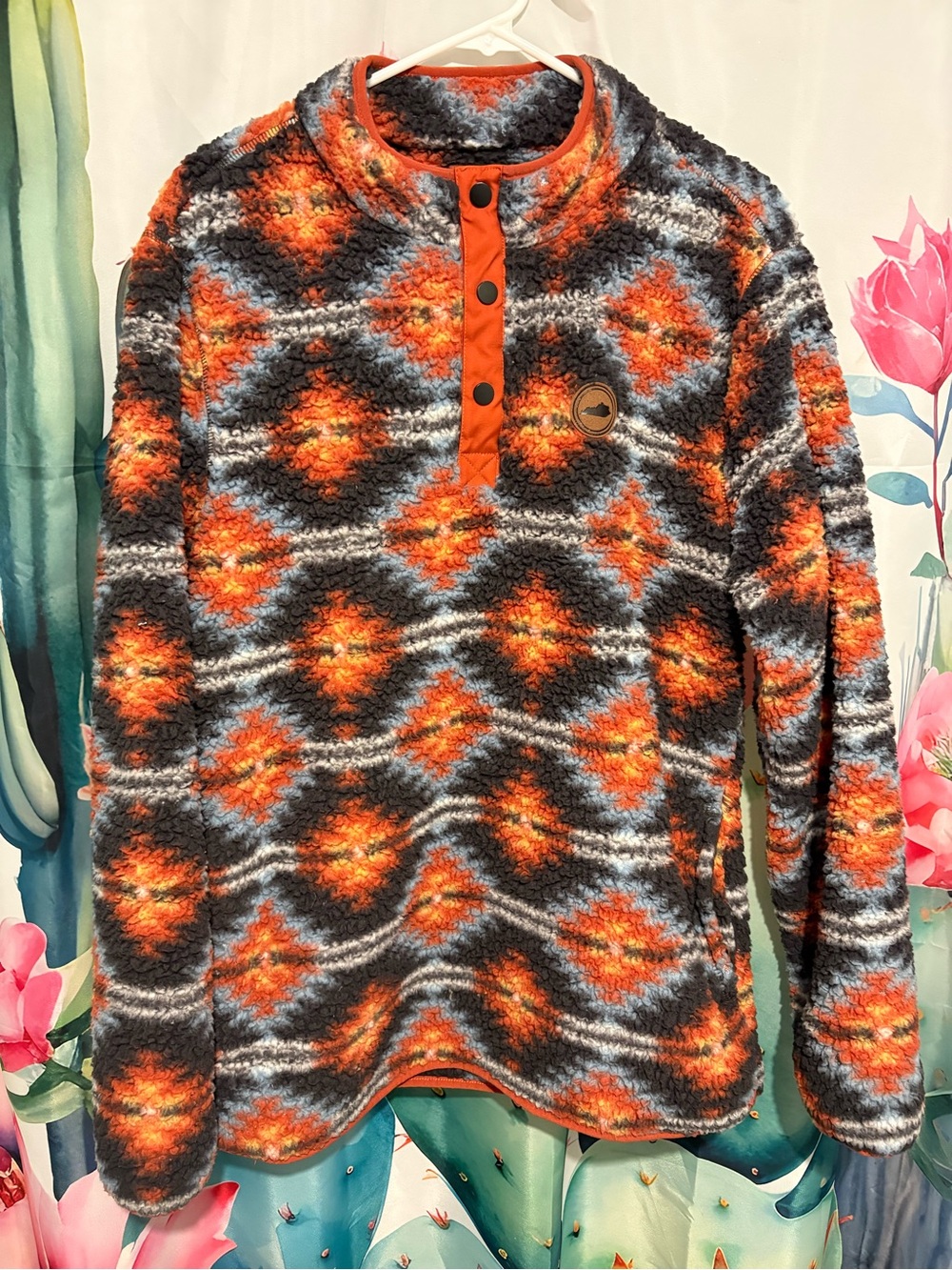 Home Free Womens M Gray Orange Black Aztec Snap Pullover Stand-Up Jacket